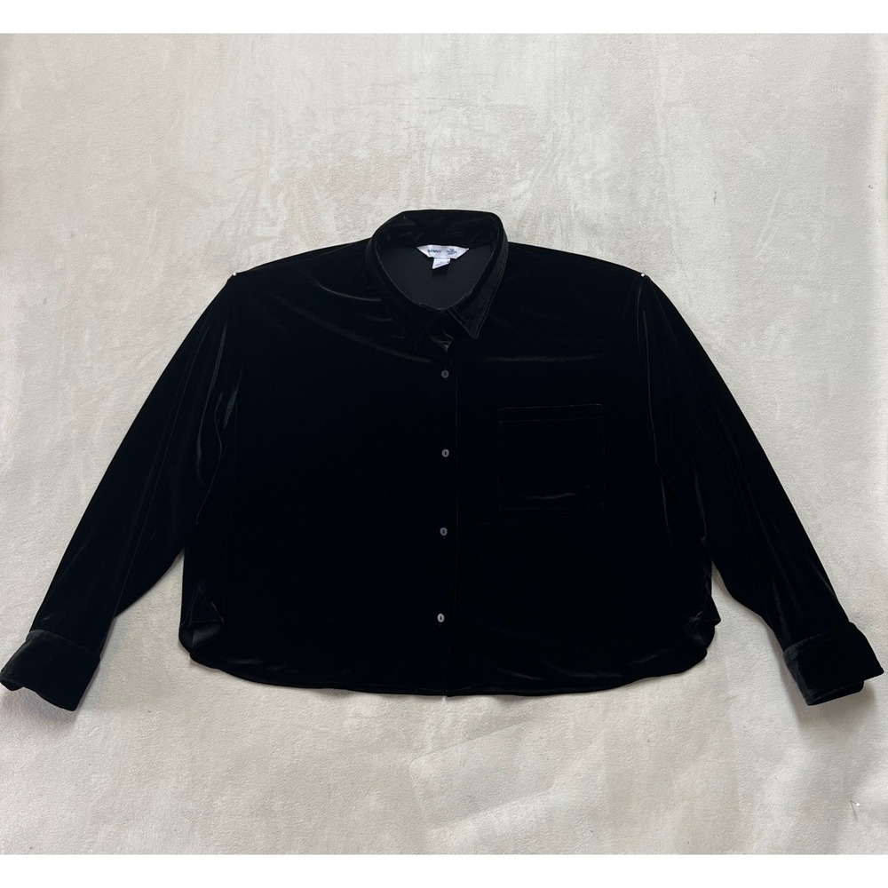 Old Navy Womens XL Black Velvet Cropped Button Down Shirt Long Sleeve Blouse